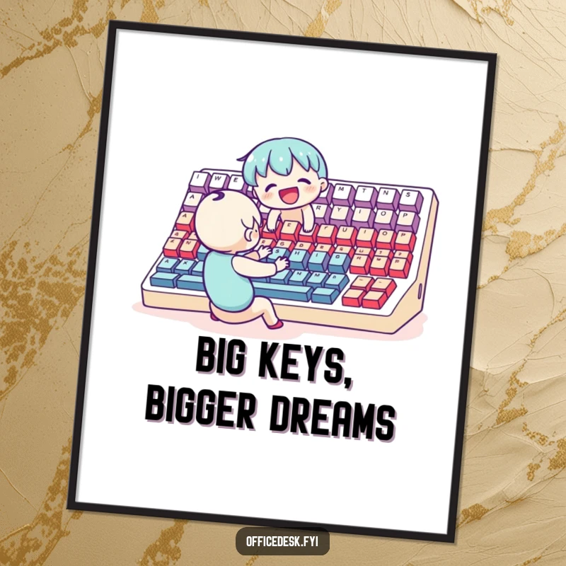 Funny Free Printable wall art: a small character energetically typing with great joy on a computer keyboard that dwarfs them.