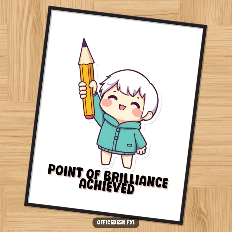 Funny free printable wall art depicting a tiny character triumphantly holding a perfectly sharpened pencil, bringing joy to any space.