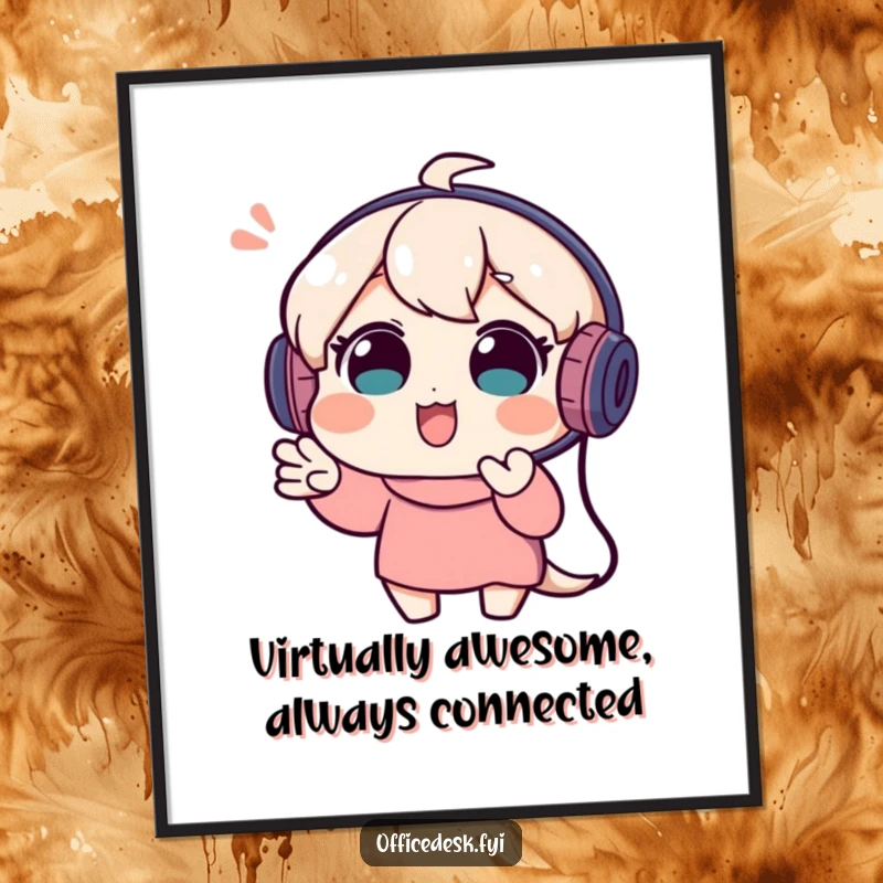 Funny Free Printable Wall Art: Playful Character Wearing Headset Gesturing During Video Call