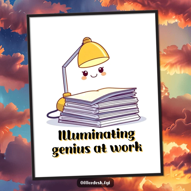 Funny Free Printable Wall Art: a miniature desk lamp character enthusiastically illuminating a pile of papers with a big grin.