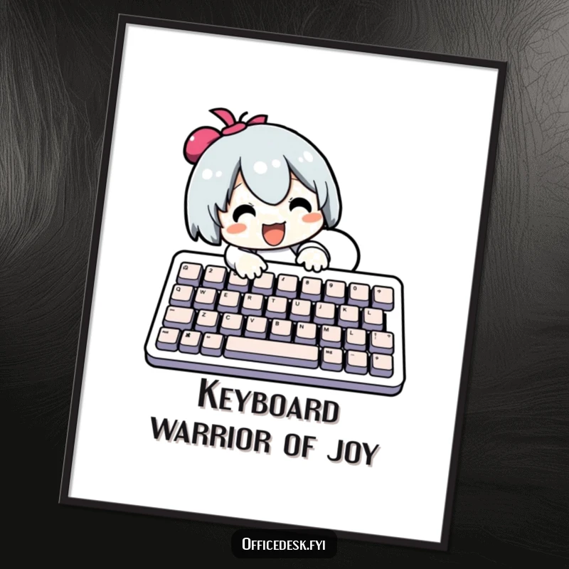 Funny free printable wall art of a character joyfully typing on an enormous keyboard, bringing energetic humor to any room.