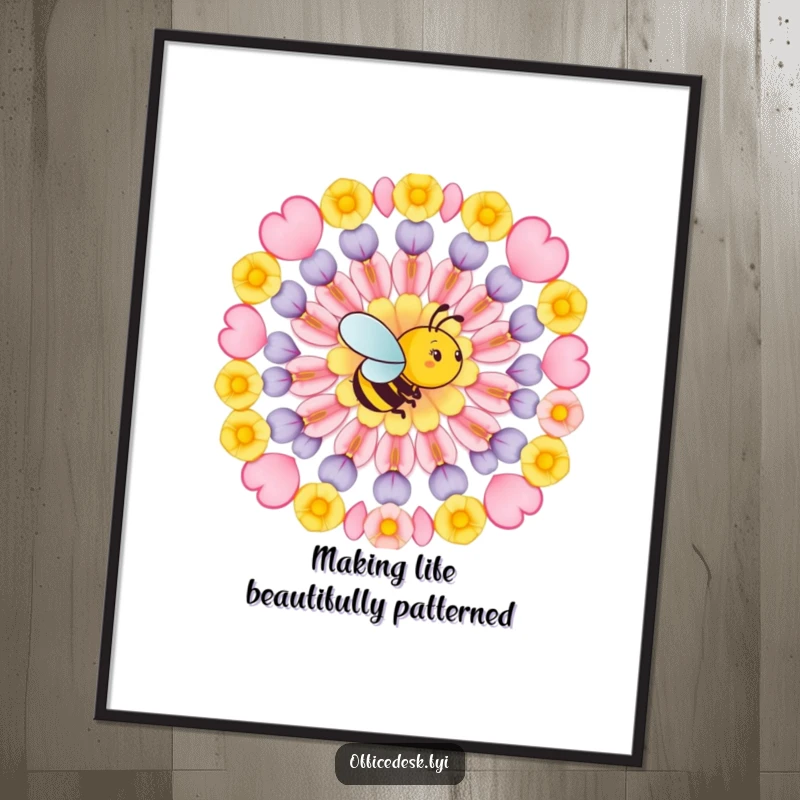 Funny free printable wall art depicting a busy bee arranging flower petals in a perfect geometric pattern with intent.