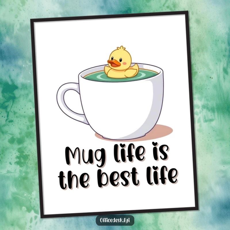 Funny Free Printable Wall Art: Tiny character with rubber ducky joyfully floats in a giant coffee mug, creating whimsical decor.