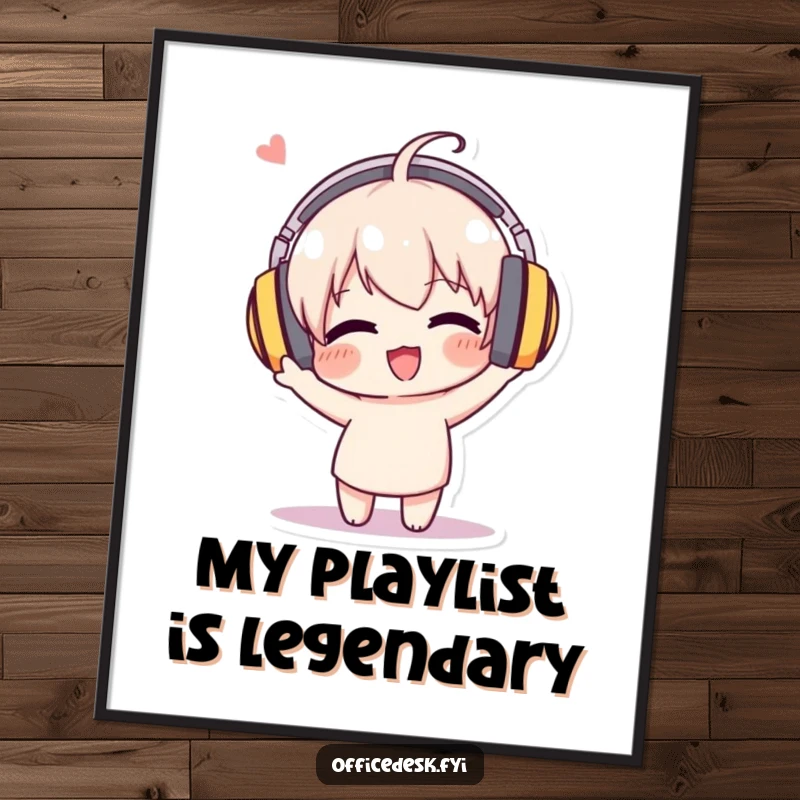 Funny Free Printable Wall Art of a character wearing extremely large headphones, enthusiastically bobbing their head in musical ecstasy.