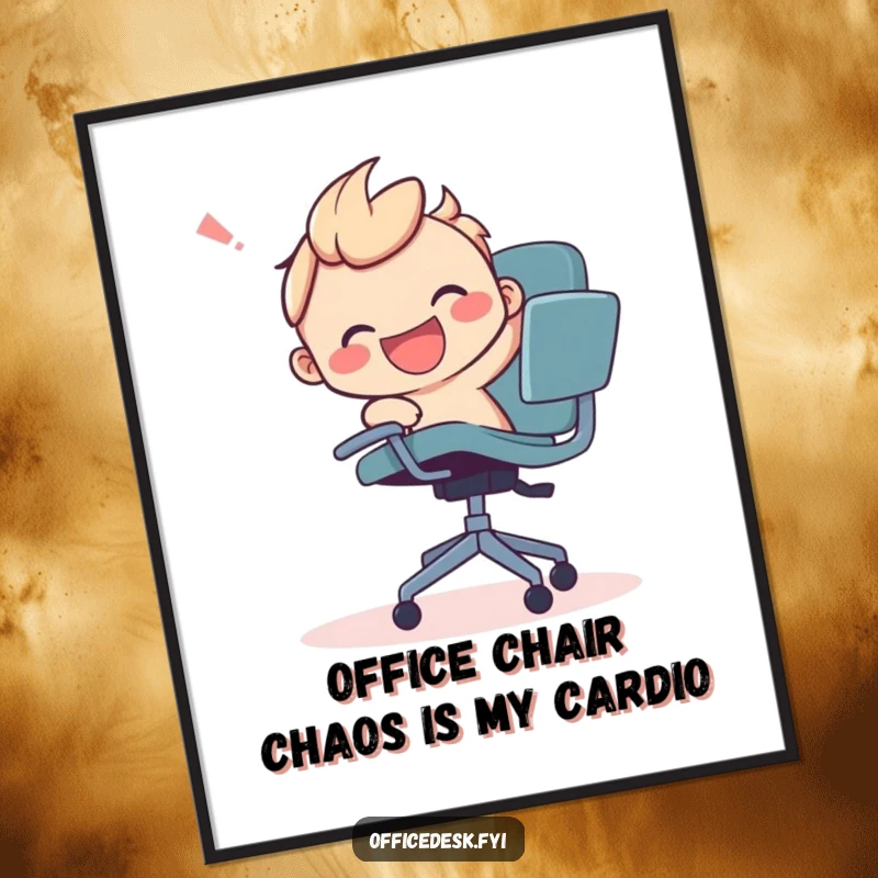 Funny Free Printable Wall Art, a character triumphantly wrestles a runaway office chair, perfect decor.
