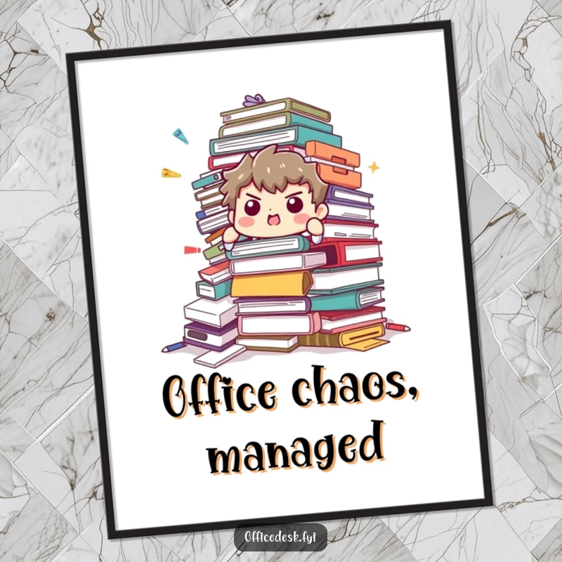 Funny Free Printable Wall Art: A character determinedly holds up a chaotic, falling pile of office essentials.