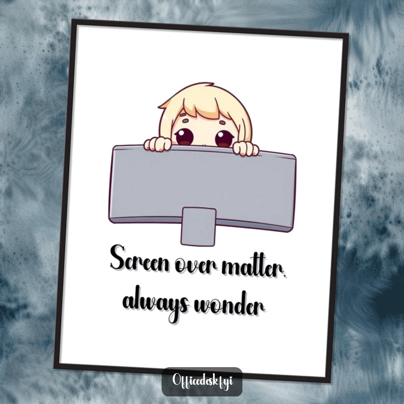 Funny Free Printable Wall Art: Surprised Character Peeking Over a Giant Monitor with Wonder