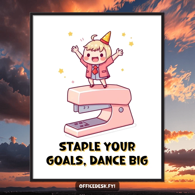 Funny Free Printable Wall Art: A character gleefully dancing on top of a stapler, office-themed humor, a hilarious downloadable art piece.