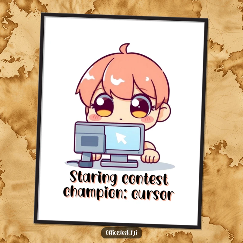 Funny Free Printable Wall Art of a wide-eyed character staring intently at a blinking computer cursor, a humorous depiction of digital life.