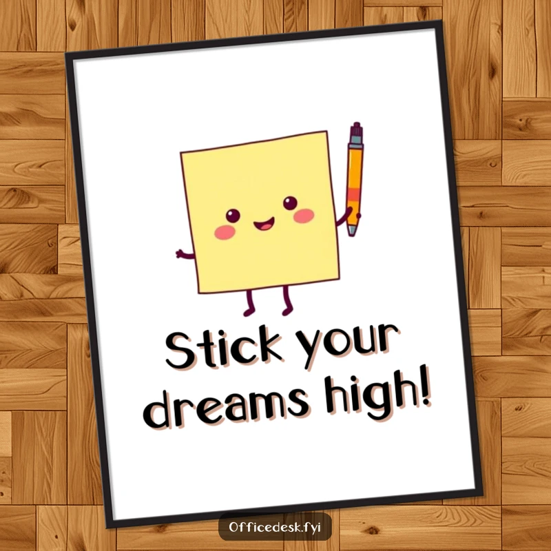Funny Free Printable Wall Art of a cheerful sticky note character enthusiastically dancing with a small pen, radiating happiness.