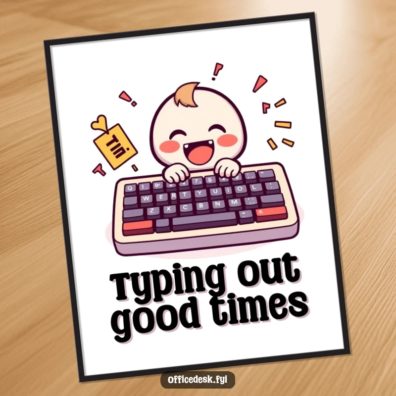 Funny Free Printable Wall Art: A small keyboard joyfully typing a messy but happy message, a unique and humorous piece of downloadable art.