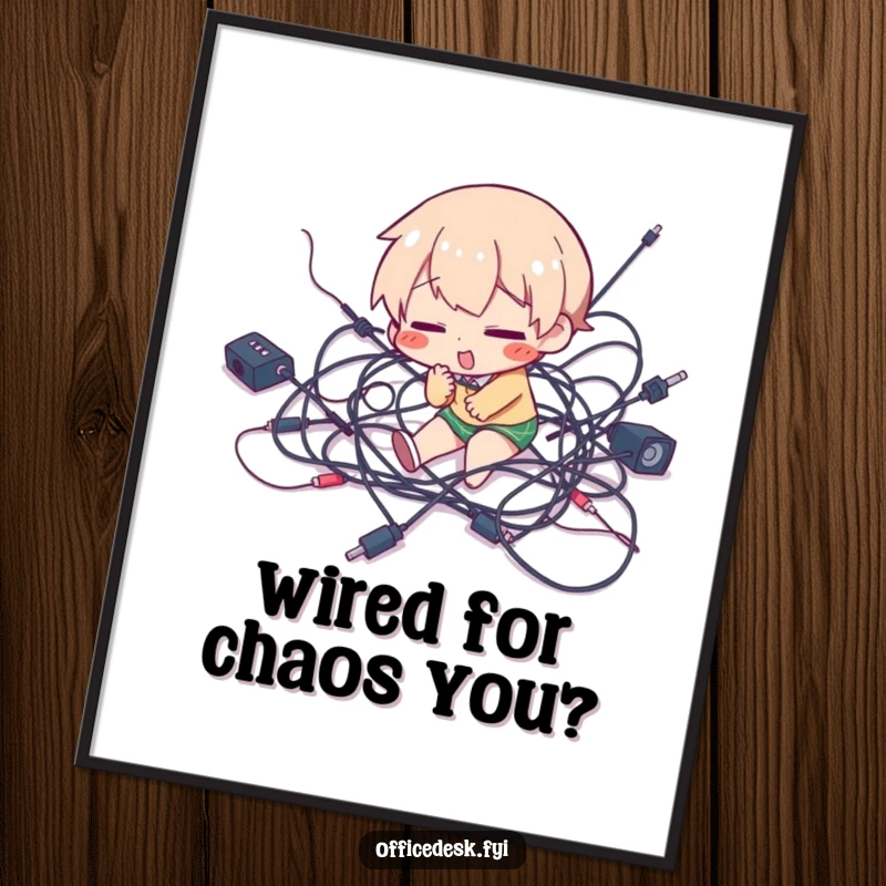 Funny Free Printable Wall Art showing a character comically tripping over a sprawling, tangled mess of computer and electronic wires.