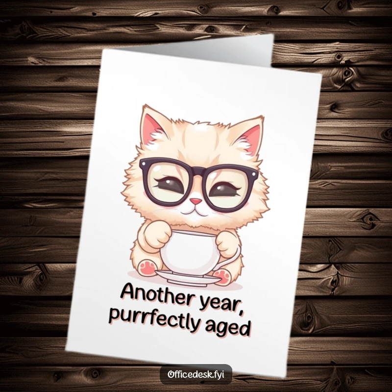 Funny Free Printable Birthday Card: Fluffy cat with big glasses polishing teacup, elegant humor, downloadable art.