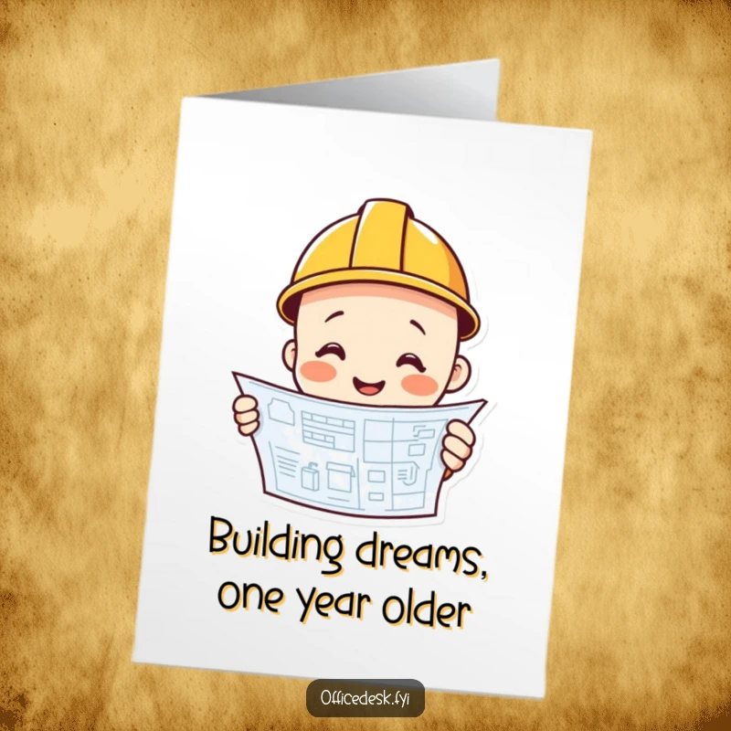 Funny Free Printable birthday card featuring a smiling hard hat character reviewing a blueprint, ready to build a celebration.