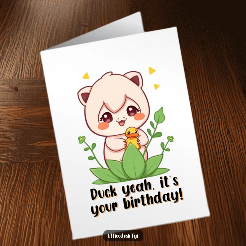 Funny Free Printable Birthday Card: Mischievous Character Hiding Rubber Ducky in Plant Pot