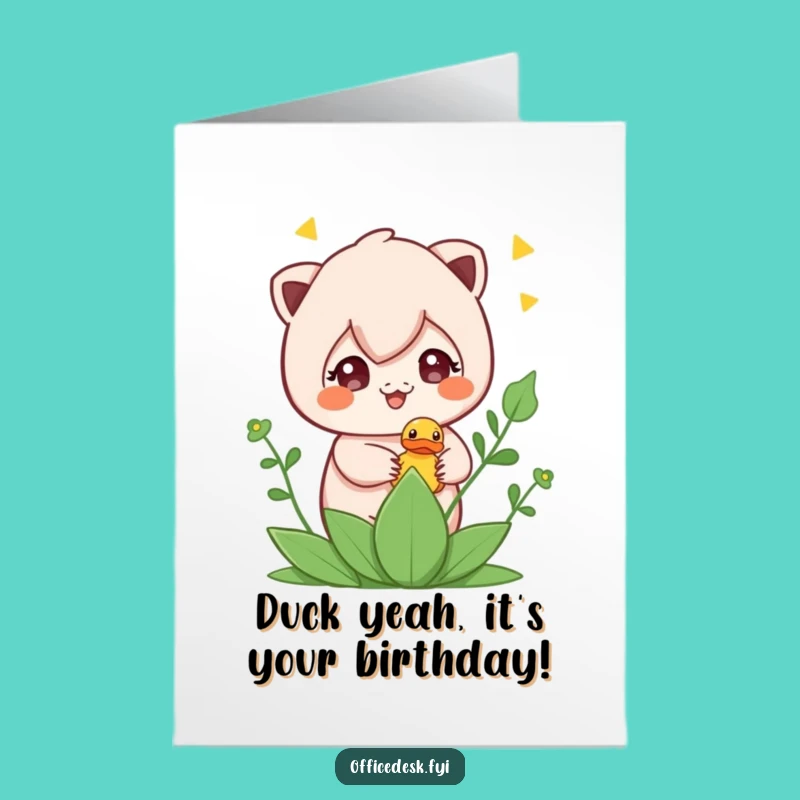 Funny Free Printable Birthday Card: Mischief Duck Plant Character Downloadable Gift