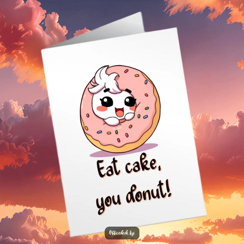 Funny Free Printable birthday card: a cute character with a huge goofy grin happily taking a massive bite out of an oversized donut.