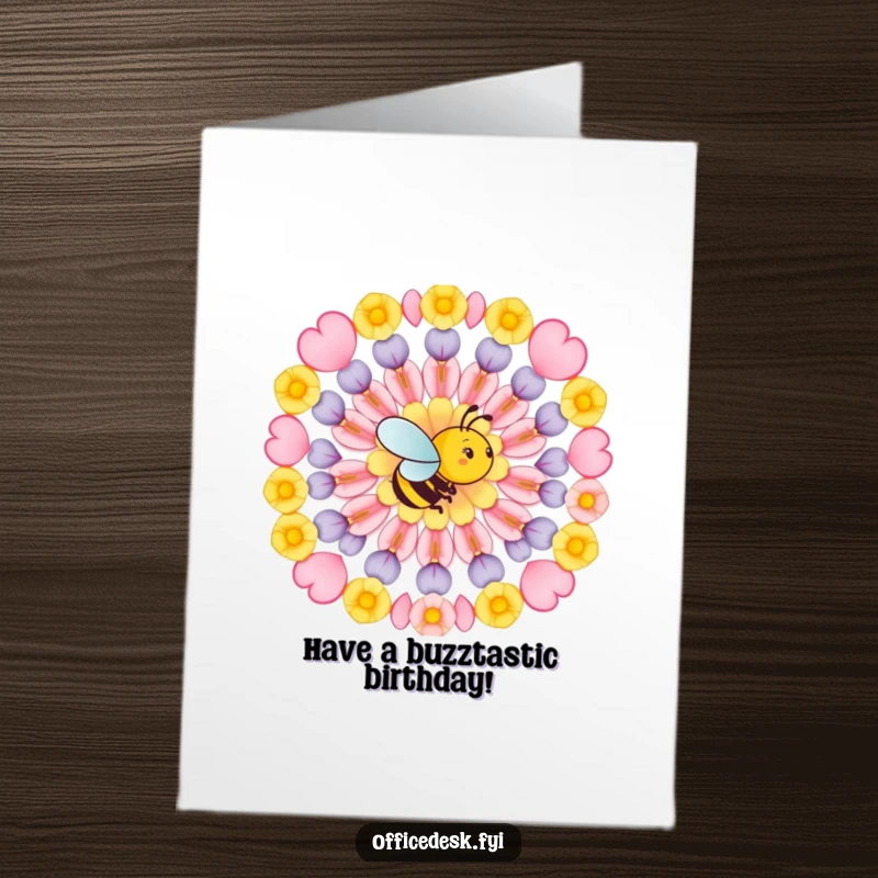 Funny free printable birthday card of a busy bee meticulously arranging flower petals into a perfect geometric pattern.