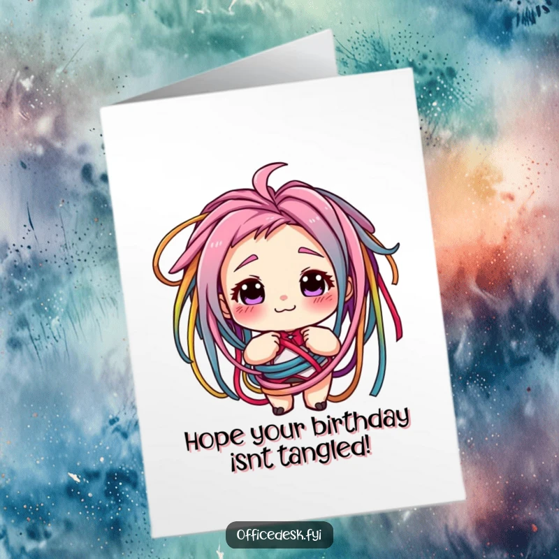 Funny free printable birthday card showing a small character with a knowing grin, tangled in colorful cords, celebrating.