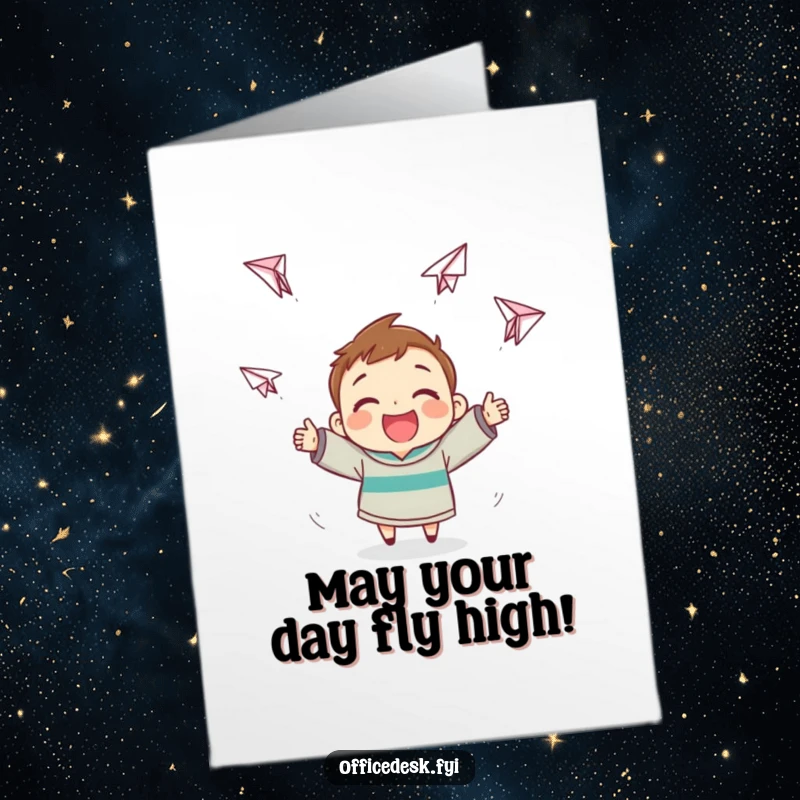 Funny Free Printable Birthday Card: Smiling kawaii character gleefully launching paper airplanes that fly wildly in every direction.