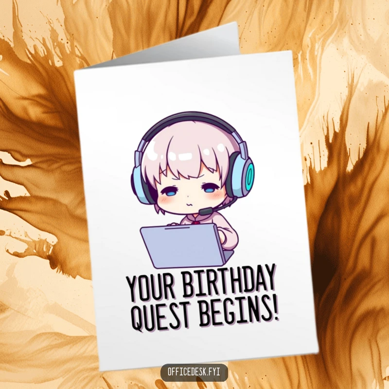 Funny Free Printable Birthday Card: Small character wearing huge headphones stares intensely at a screen, ready for birthday gaming.