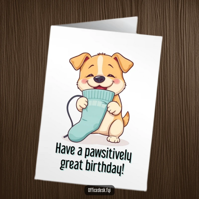 Funny Free Printable Birthday Card: Dog enthusiastically ironing sock with nose, playful chore, downloadable art.
