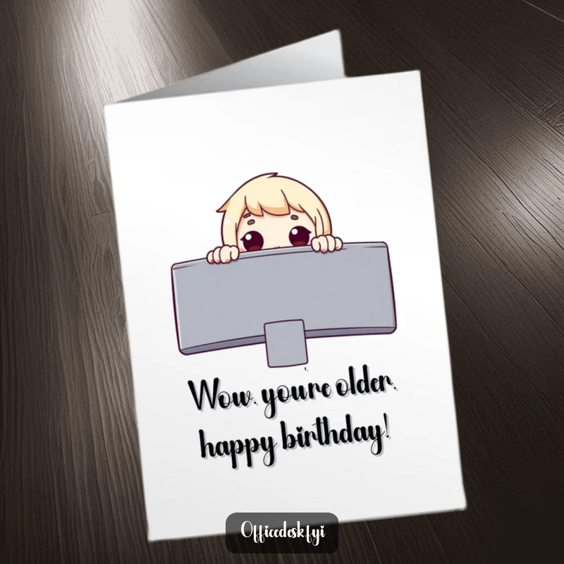 Funny Free Printable Birthday Card: Surprised Character Peeking Over Giant Monitor with Wonder