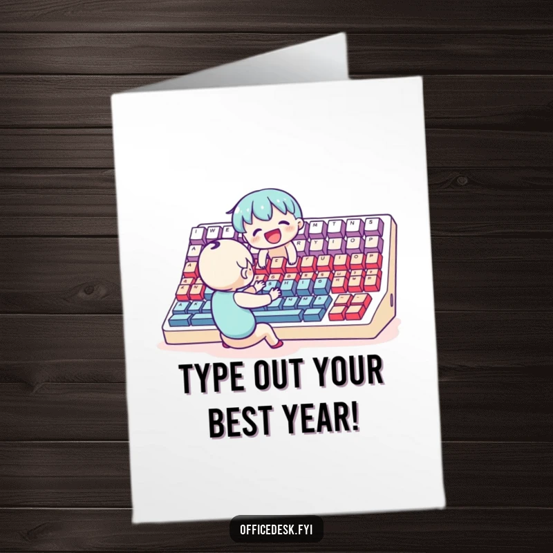 Funny Free Printable birthday card: a small character joyfully typing away on a massive, comically oversized computer keyboard.
