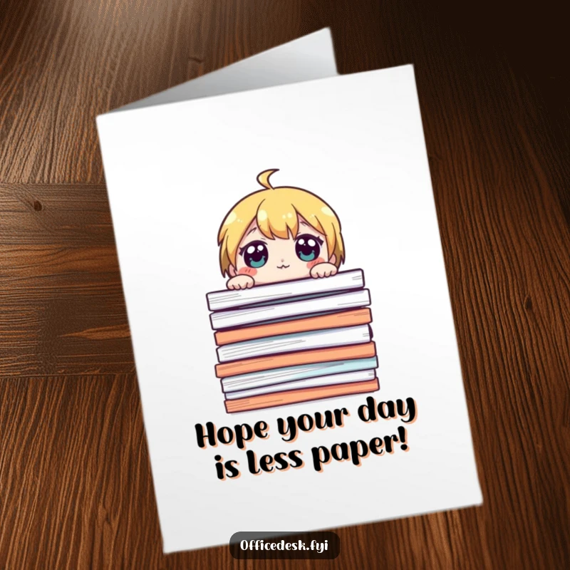 Funny Free Printable Birthday Card: Cute character peeking over a giant stack of papers with wide, overwhelmed eyes.