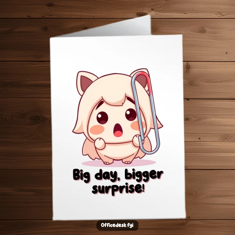 Funny Free Printable Birthday Card: Cute character gasps in shock at a colossal, rogue paperclip, perfect for a surprising wish.