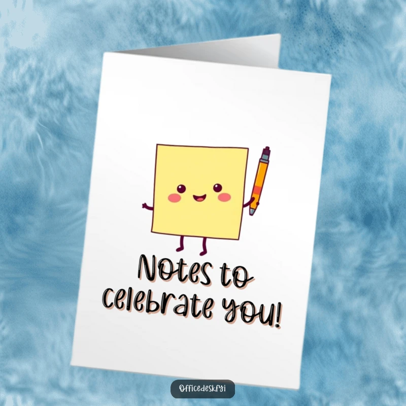 Funny Free Printable Birthday Card featuring a joyful sticky note character dancing with a tiny pen, spreading celebration vibes.