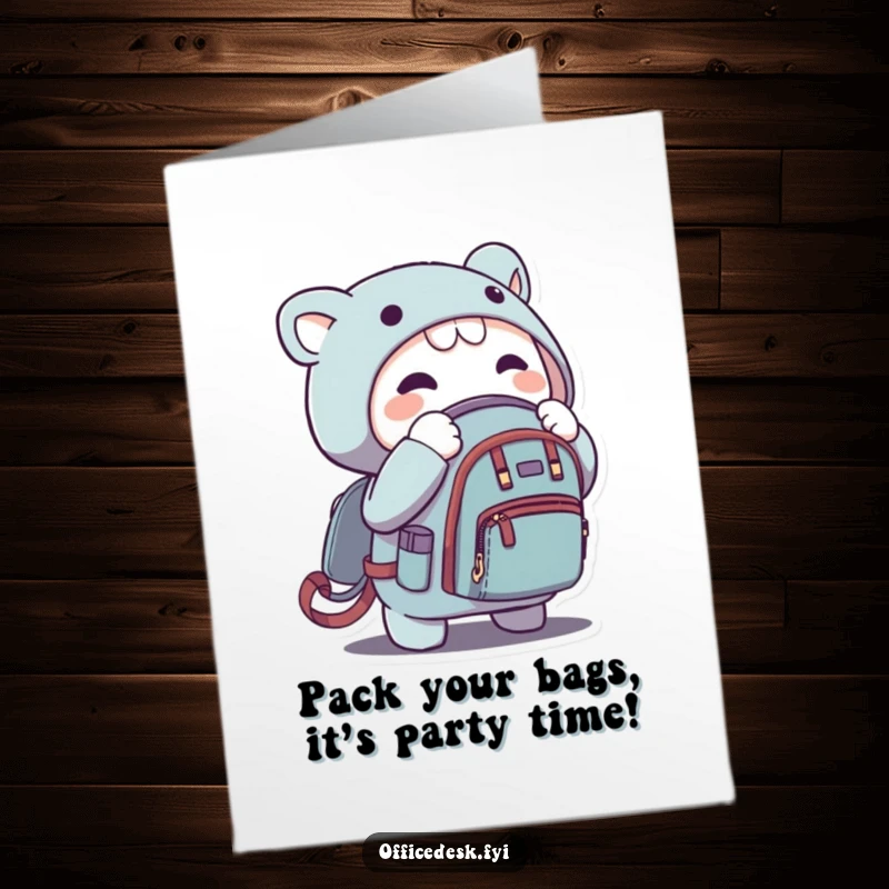Funny Free Printable Birthday Card: Character excitedly zipping a tiny backpack, ready for adventure, perfect DIY humorous greeting.
