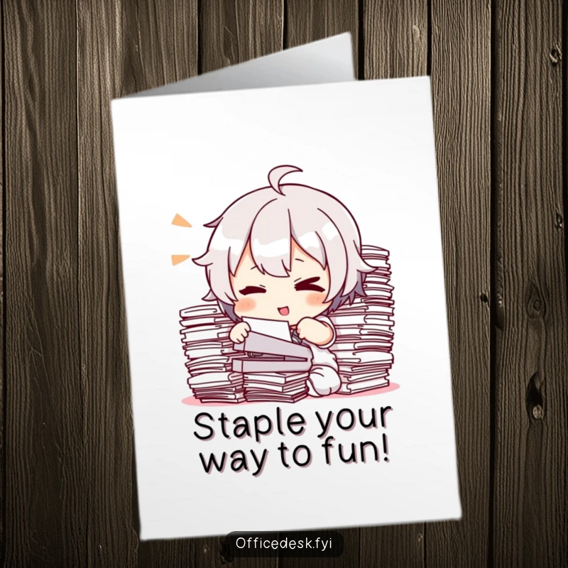 Funny Free Printable Birthday Card: Character winks while trying to staple a huge pile of documents.