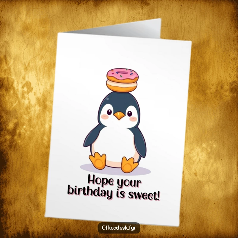 Funny Free Printable Birthday Card: A plump penguin comically balances a tall stack of donuts on its head, wishing happy birthday.