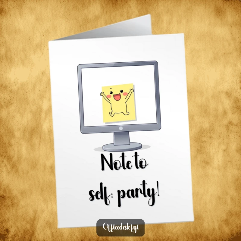 Funny Free Printable Birthday Card: Small sticky note character leaping excitedly off a monitor, a dynamic and cheerful DIY greeting.