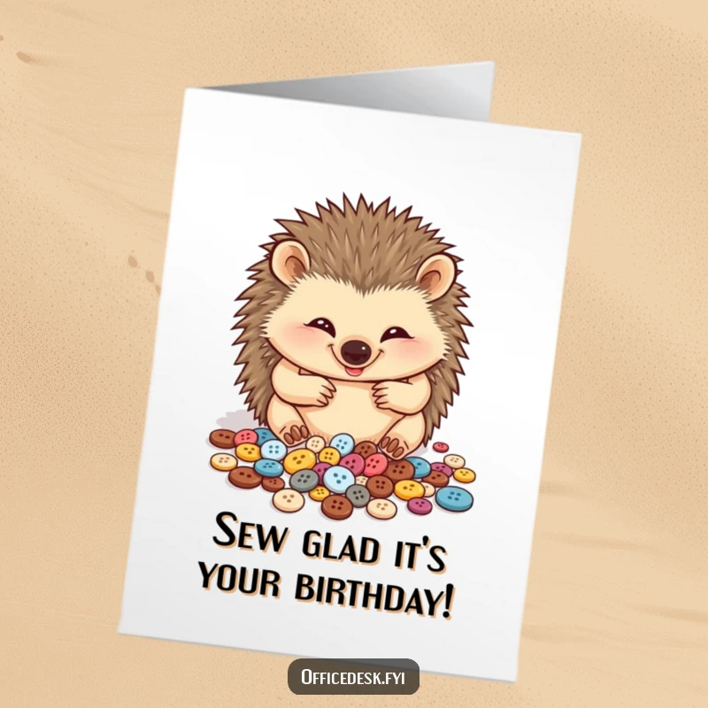 Funny free printable birthday card featuring a cheerful hedgehog obsessively organizing tiny buttons with a big smile.