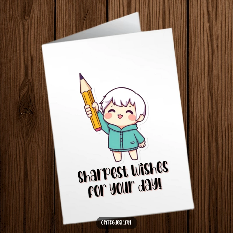 Funny free printable birthday card featuring a tiny character triumphantly holding a perfectly sharpened pencil, ready for celebration.