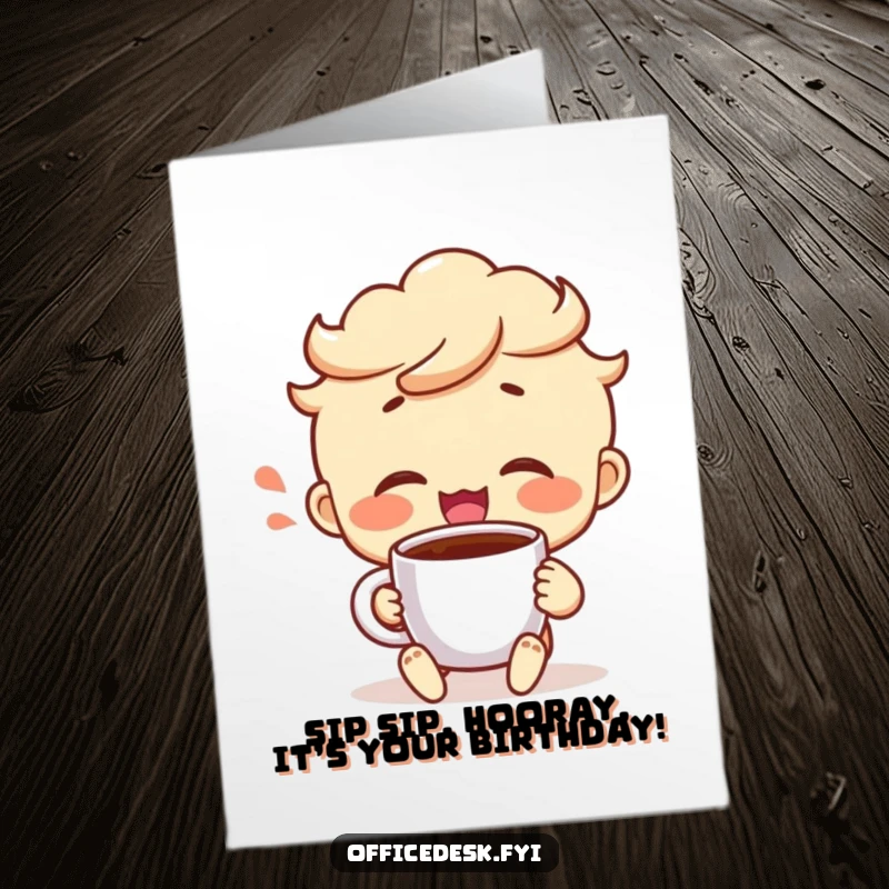 Funny Free Printable Birthday Card: Cheerful Character Sighing Satisfied While Sipping Coffee