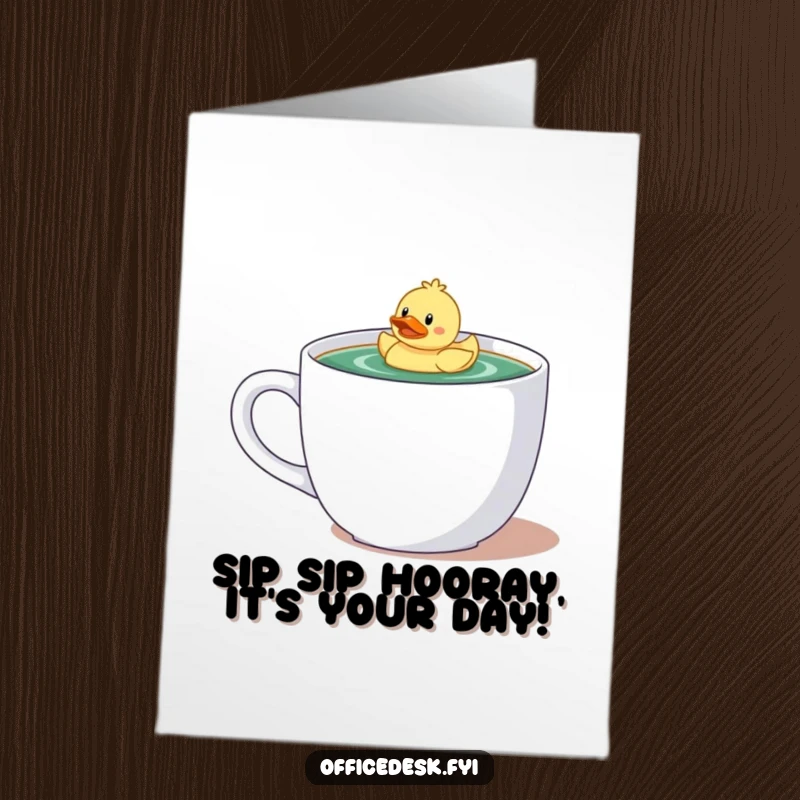 Funny Free Printable Birthday Card: Tiny character floats happily with a rubber ducky in a giant coffee mug, spreading cheer.