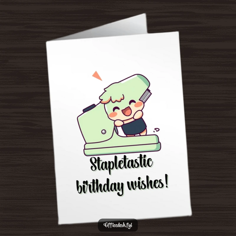 Funny Free Printable Birthday Card, a cheerful character struggles comically with a giant stapler, perfect for birthdays.