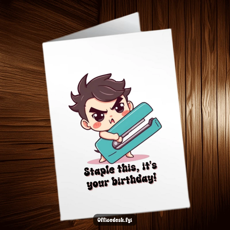 Funny Free Printable Birthday Card: Cute character with determined expression wrestles a comically giant stapler, ready for action.