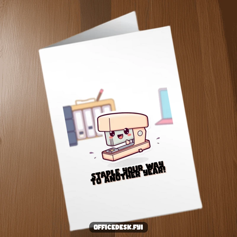 Funny free printable birthday card: a tiny stapler character comically zipping across a desk with speed lines.