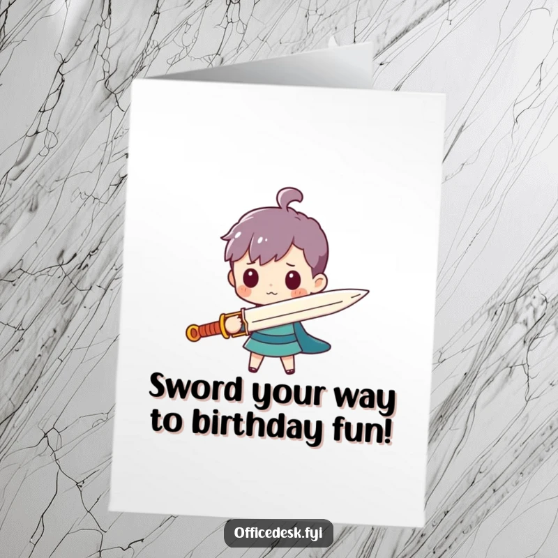 Funny Free Printable Birthday Card: Tiny character brandishing a huge paperclip as a sword, ready for adventure, a humorous downloadable greeting.