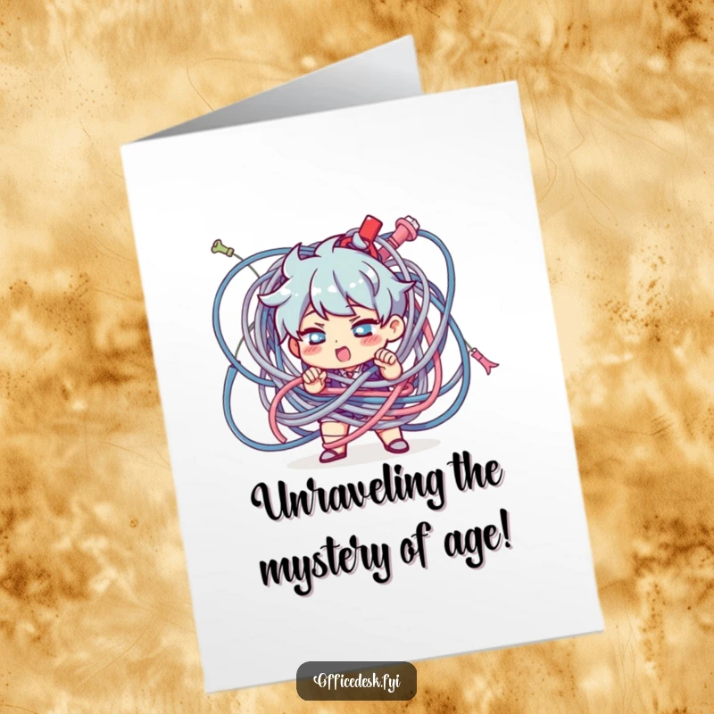 Funny free printable birthday card showing a determined character focused on untangling a massive knot of cables.