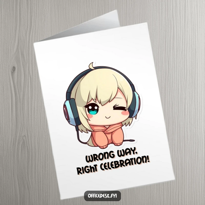 Funny Free Printable Birthday Card: Character winks mischievously while wearing headphones backward, adding playful humor.