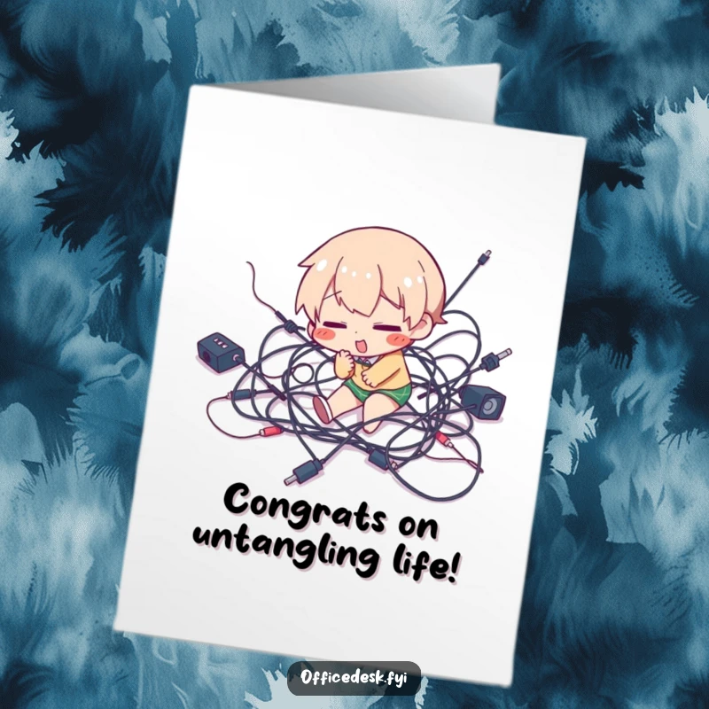 Funny Free Printable Congrats Card depicting a character hilariously stumbling over an enormous tangle of wires, a metaphor for challenges.