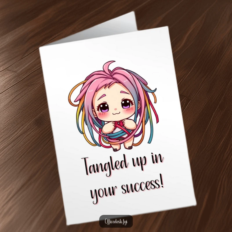 Funny free printable congratulations card featuring a small character with a knowing grin, entangled in colorful cords, celebrating success.