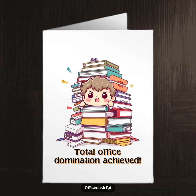 Free Printable Congratulations Card: A character determinedly holds up a collapsing tower of pens, staplers, and folders.