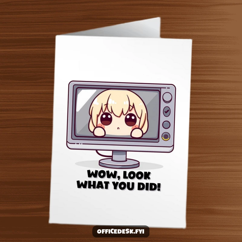 Funny Free Printable Congrats Card showing a character peeking out from behind a massive monitor with very wide, surprised eyes.