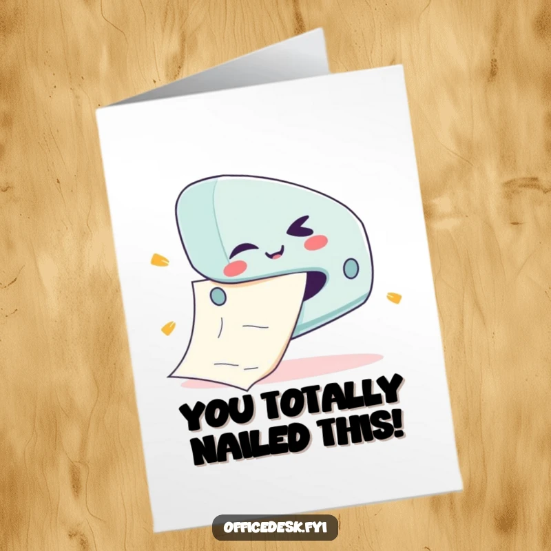 Funny free printable congratulations card: a cute stapler character winks mischievously as it jams a giant sheet of paper.